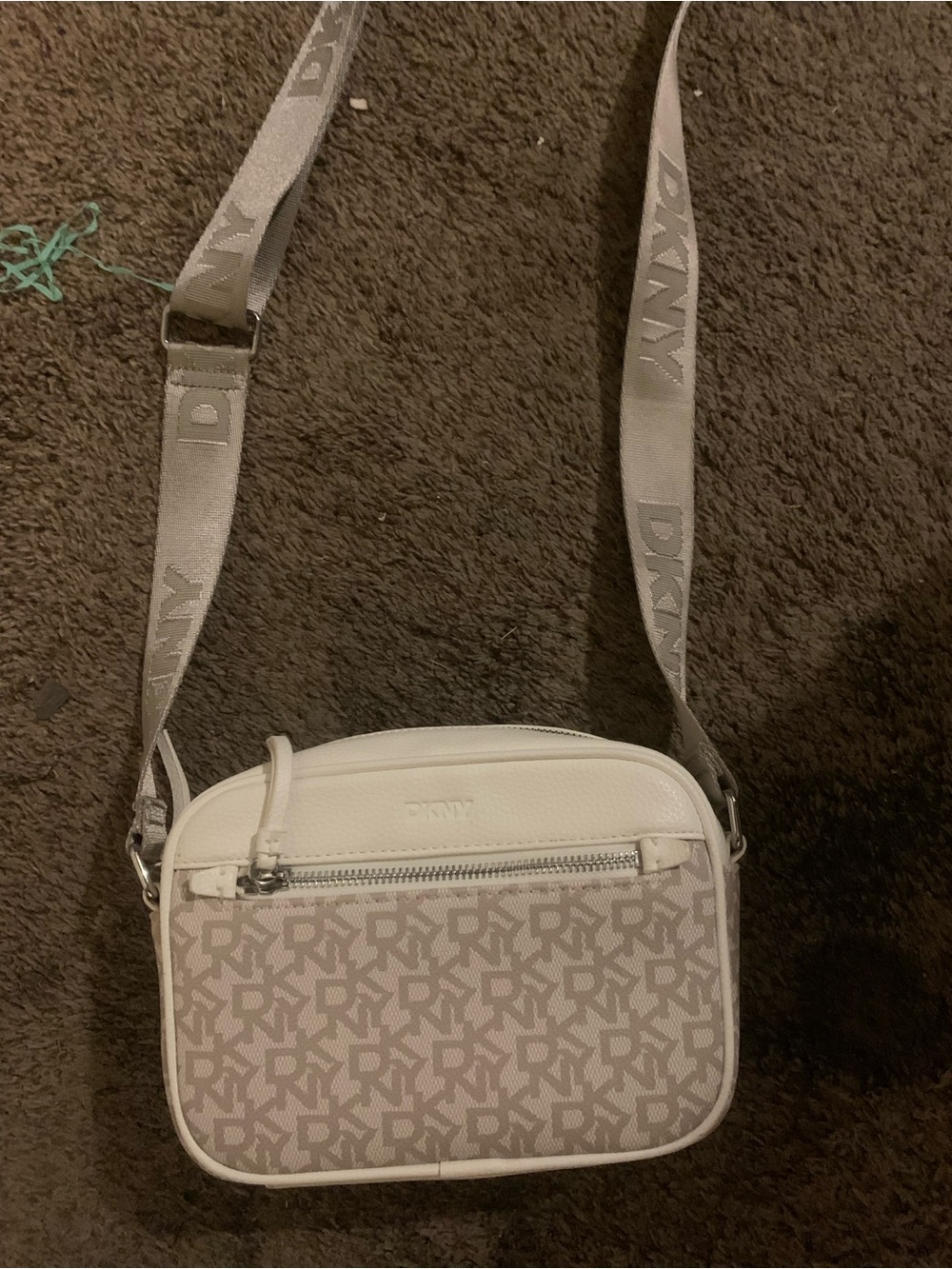DKNY Beige Logo Jacquard Crossbody Bag with Branded Strap